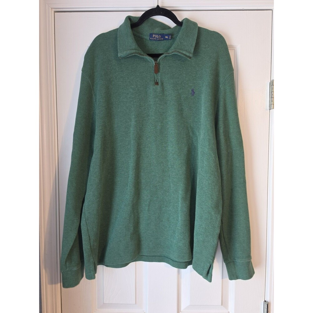 Polo Ralph Lauren Sweater Mens Large Green Cotton 1/4 Zip Pullover Preppy Logo